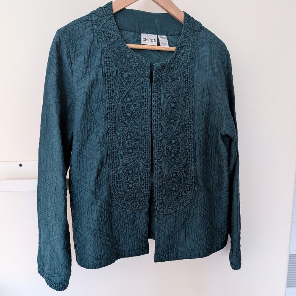 Chico's Teal Blue Green Quilted Silk Cotton Embroidered Applique Jacket L/12